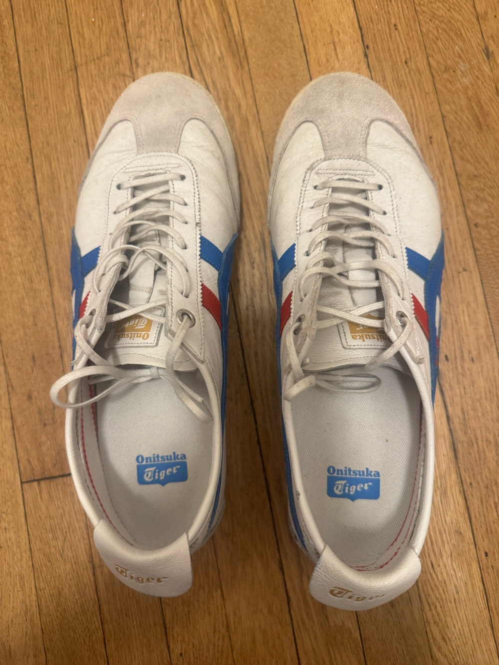 Onitsuka Tiger by Asics White Sneakers with Blue & Red Stripes